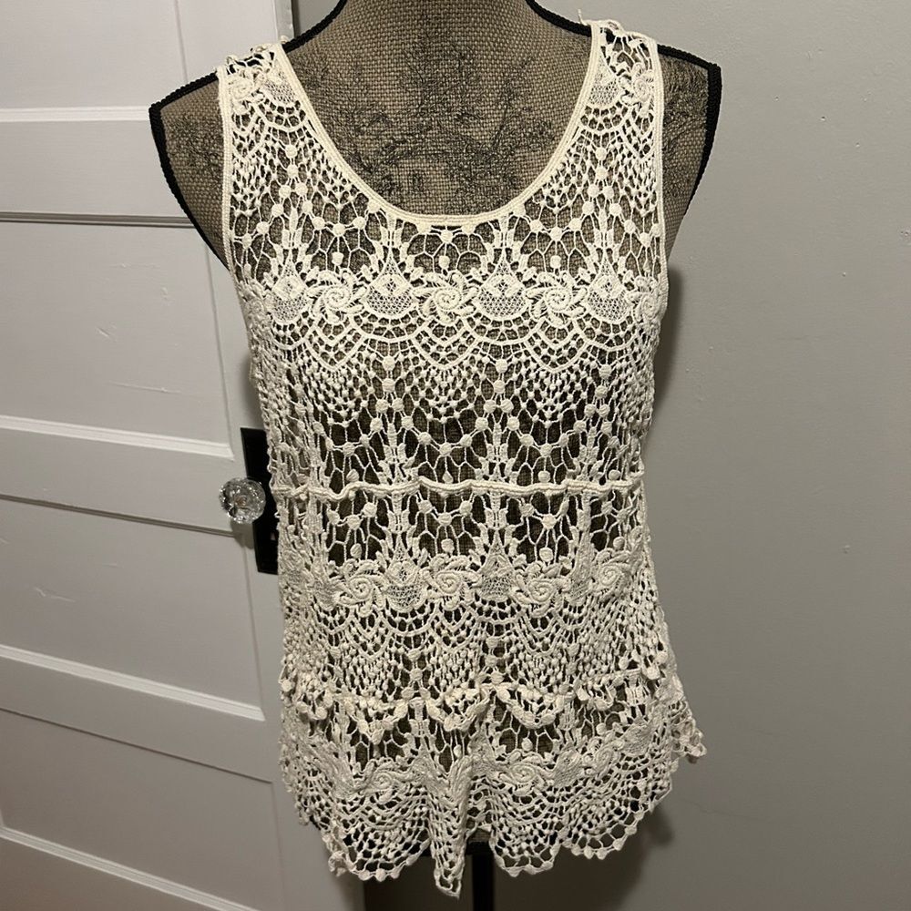 Phase One White Cotton Scalloped Crochet Lace Tank Top